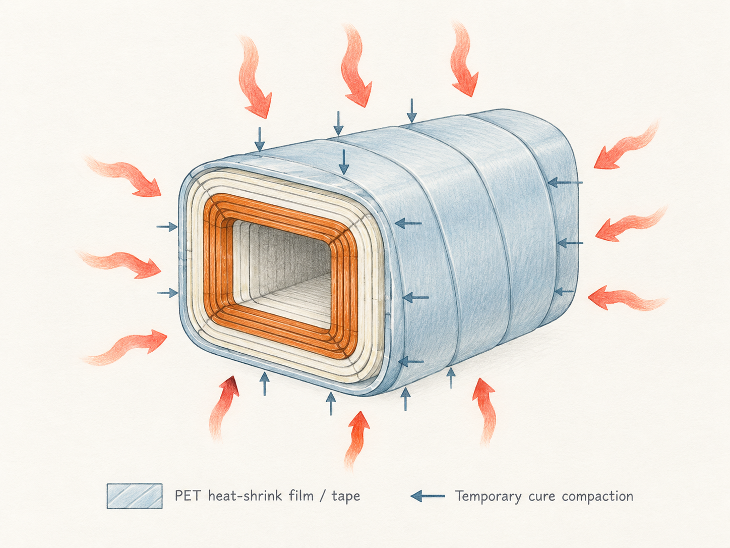 Polyester heat-shrink film providing temporary cure compaction around a rectangular coil