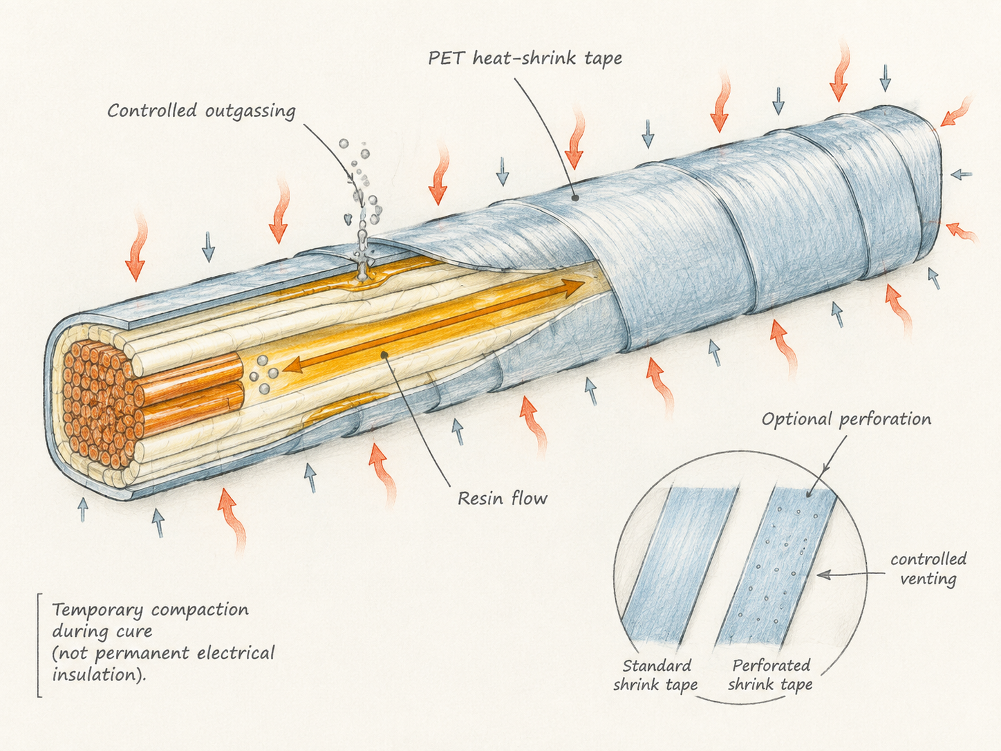 Perforated polyester heat-shrink tape supporting controlled venting during resin cure