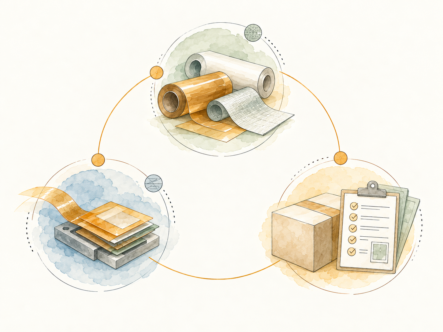 Watercolor illustration linking application structure, specialty material rolls and supply records