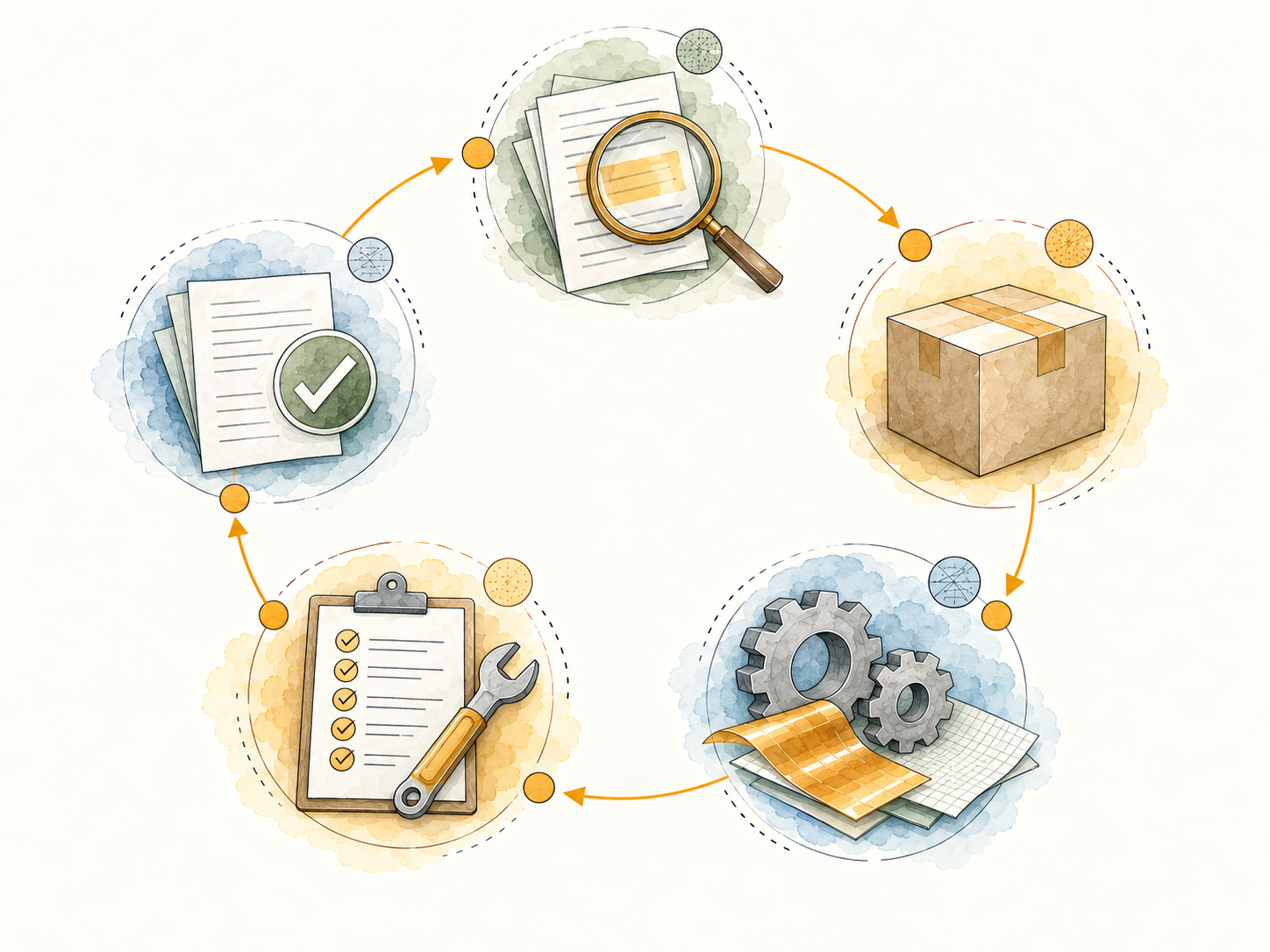 Watercolor closed-loop illustration for identifying, containing, investigating, correcting and following through on a deviation