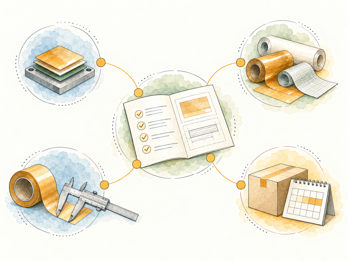 Watercolor illustration connecting application, material form, dimensions and delivery timing to a central requirement record